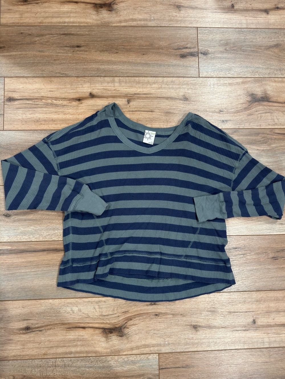 AERIE Striped Green & Navy Long Sleeve Crewneck Top | Size Small